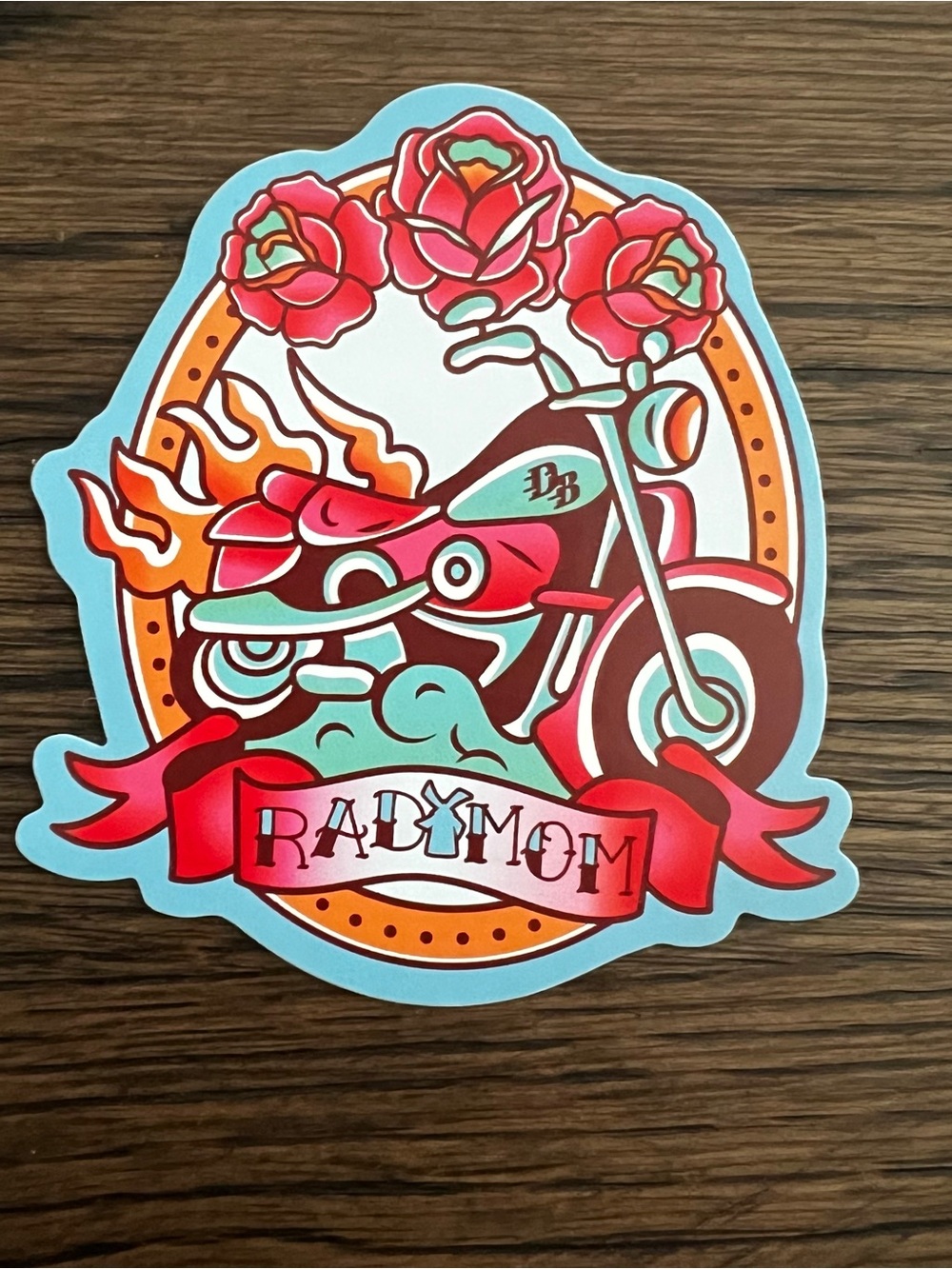 Dutch Bros Rad Mom Motorcycle Sticker - Red, Teal, Pink
